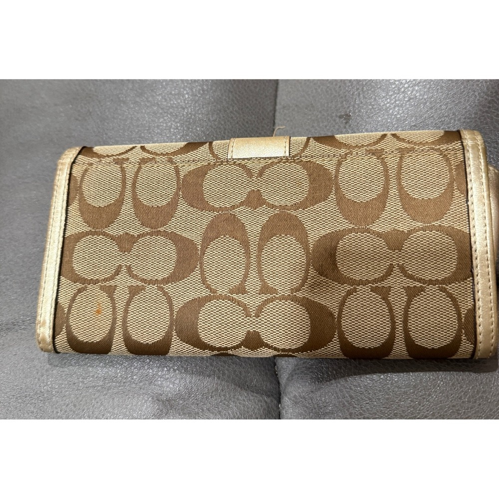 Coach Signature C Monogram Canvas Long Tri-Fold Wallet Metallic Gold Leather - Picture 2 of 13